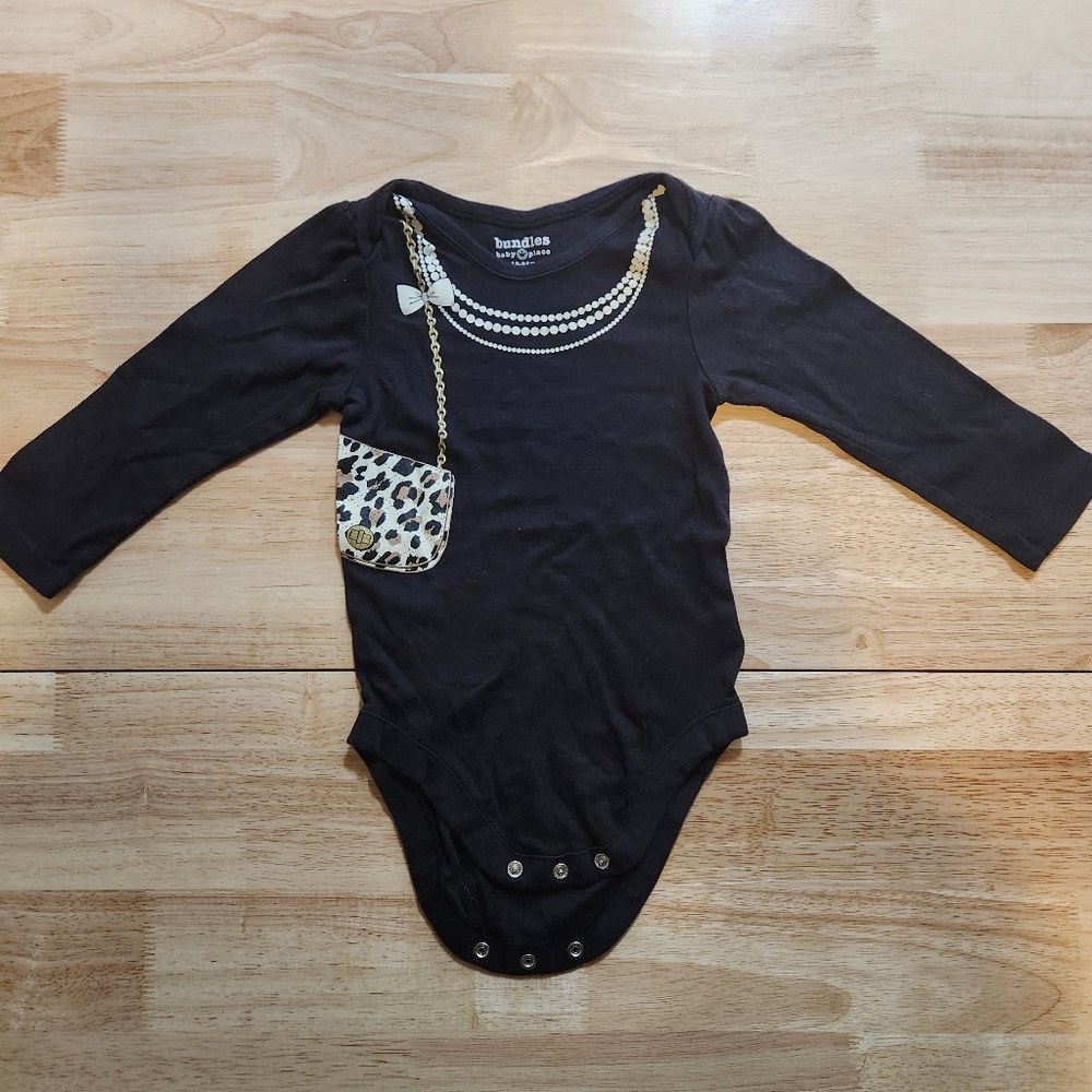 Baby Girl's Long Sleeve Black Onesie with Necklace and Purse Design